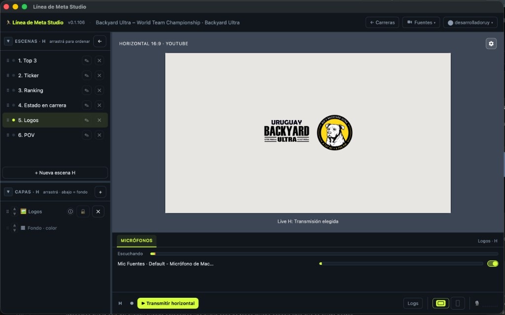 Línea de Meta Studio con escenas listas: Top 3, ticker, ranking y logos.